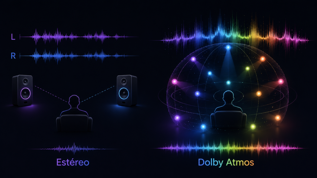Comparativa visual del sonido estéreo frente al audio tridimensional Dolby Atmos
