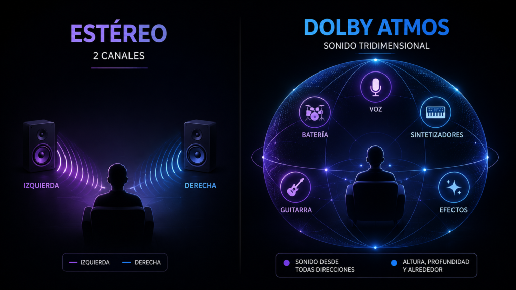 Diferencia entre una mezcla estéreo de dos canales y una mezcla Dolby Atmos tridimensional