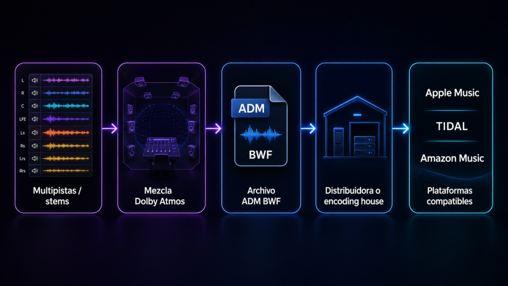 Flujo desde los stems y la mezcla Dolby Atmos hasta el archivo ADM BWF y las plataformas musicales