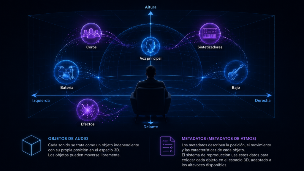 Objetos de audio y metadatos posicionados alrededor del oyente en una mezcla Dolby Atmos