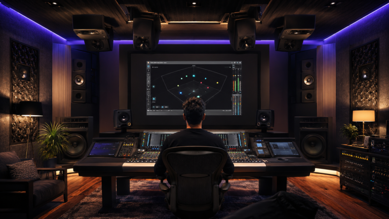 Ingeniero trabajando en una mezcla Dolby Atmos en un estudio de sonido inmersivo