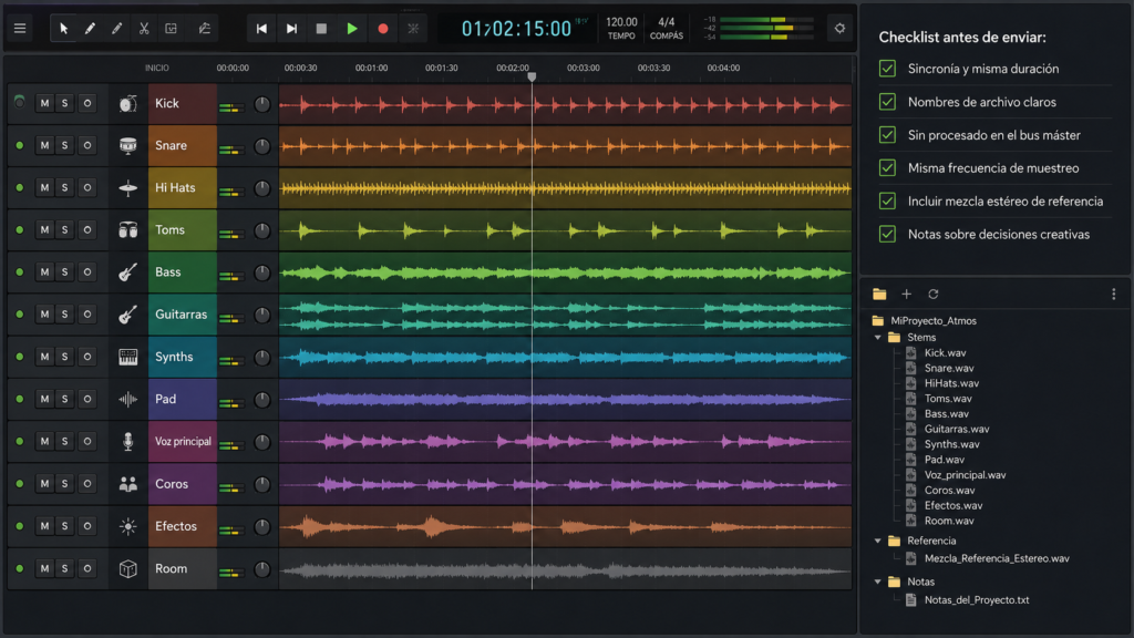 Sesión organizada con stems y multipistas preparados para una mezcla Dolby Atmos