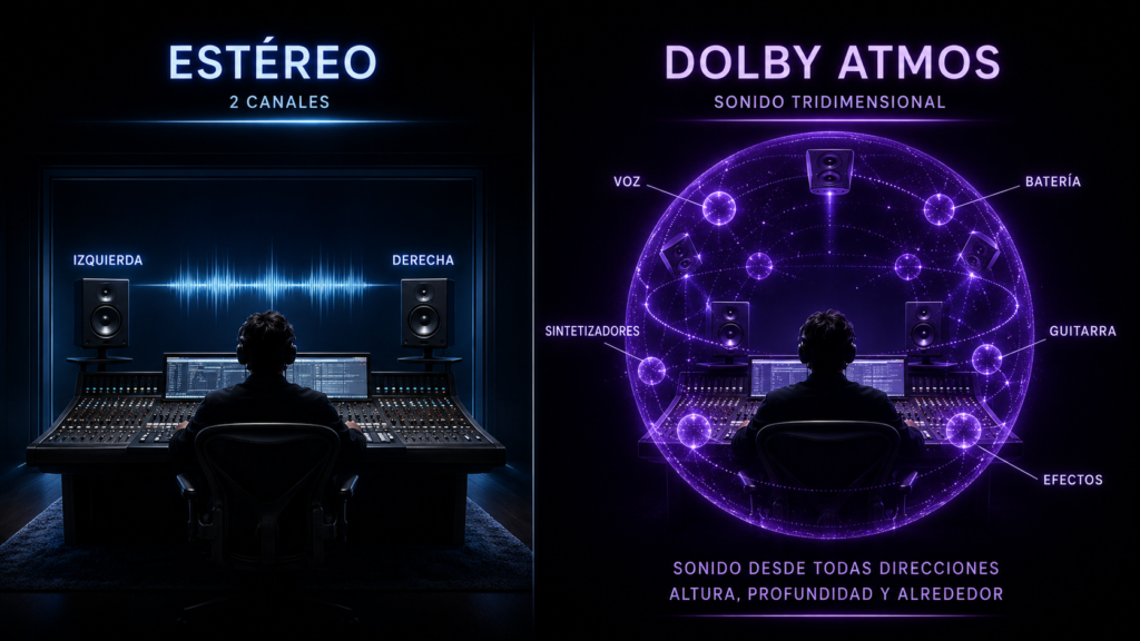 Diferencias entre sonido estéreo de dos canales y Dolby Atmos tridimensional