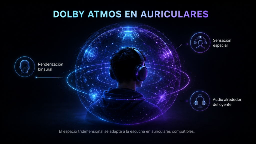 Escucha de Dolby Atmos con auriculares mediante renderización binaural