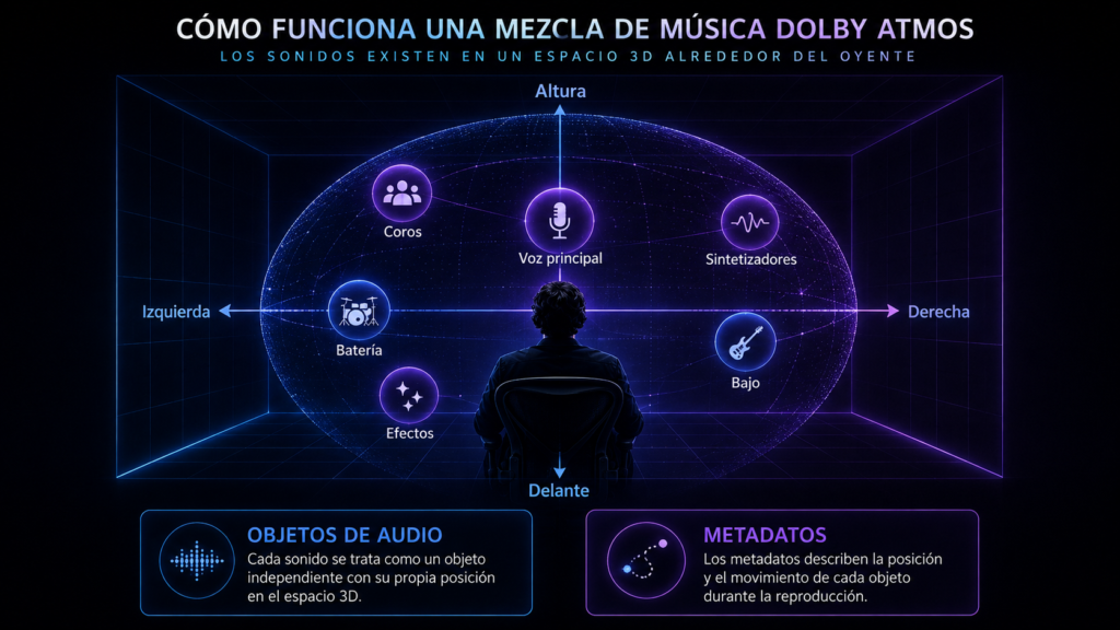 Elementos de una canción posicionados en el espacio tridimensional de una mezcla Dolby Atmos